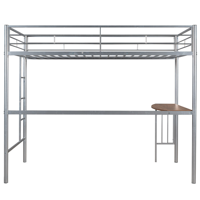 Twin Metal Loft Bunk Bed with Desk, Ladder and Guardrails - Silver