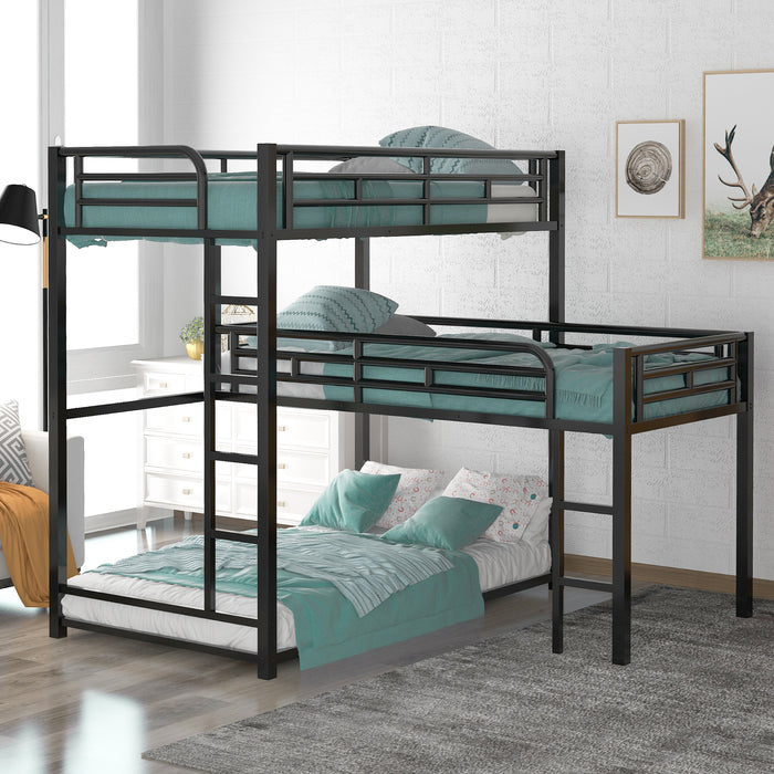 L-shaped Metal Triple Twin Size Bunk Bed - Black