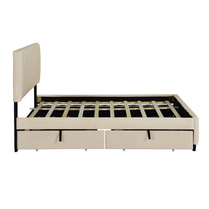 Queen Size Velvet Upholstered Platform Bed with 2 Drawers and Trundle- Beige