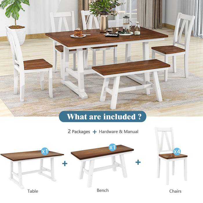 6-Piece Wood Dining Table Set Kitchen Table Set- Walnut + White