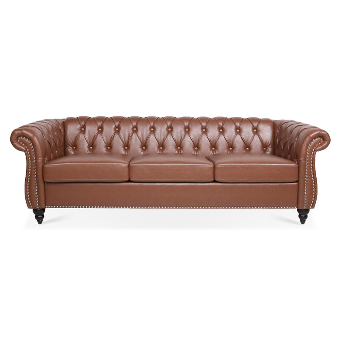 Rolled Arm Chesterfield 3 Seater Sofa - Brown