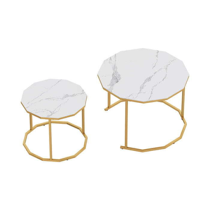 Marble Coffee End table - White Artificial Marble Top (white+golden)