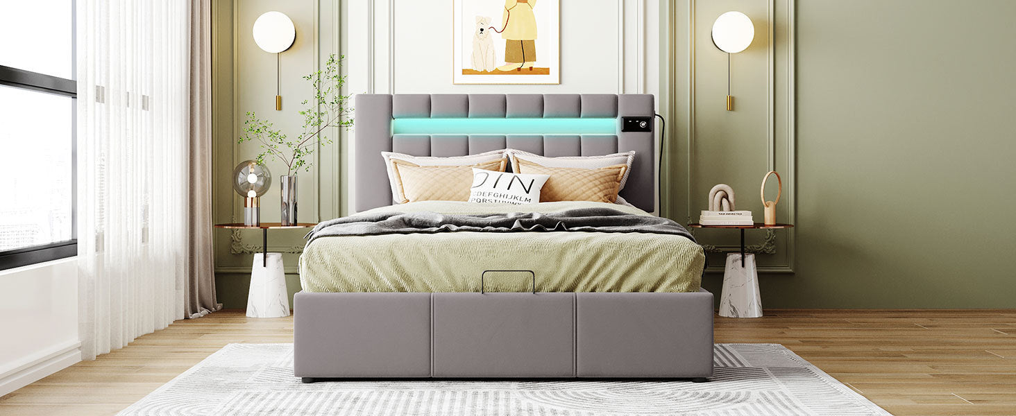 Full Size Velvet Upholstered Storage Bed with LED light, Bluetooth Player and USB Charging - Gray