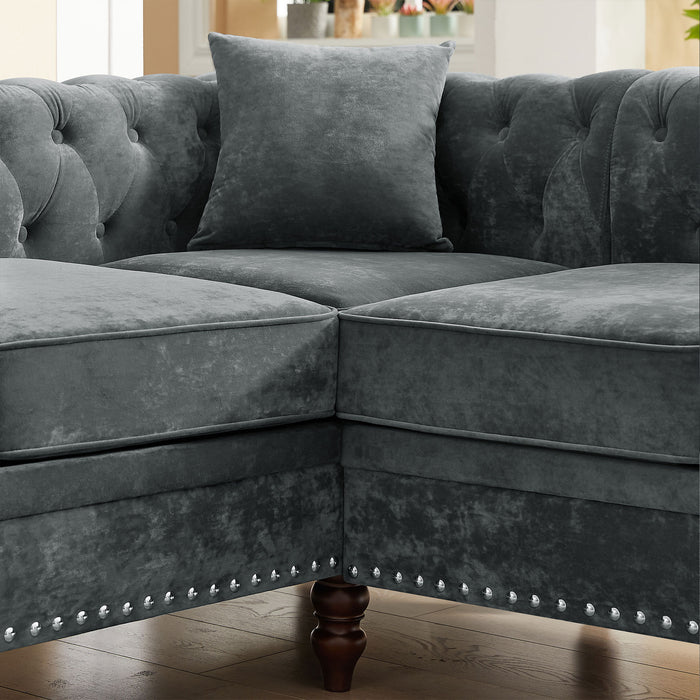 Luxury Classic Chesterfield L-shaped Sectional, Grey velvet