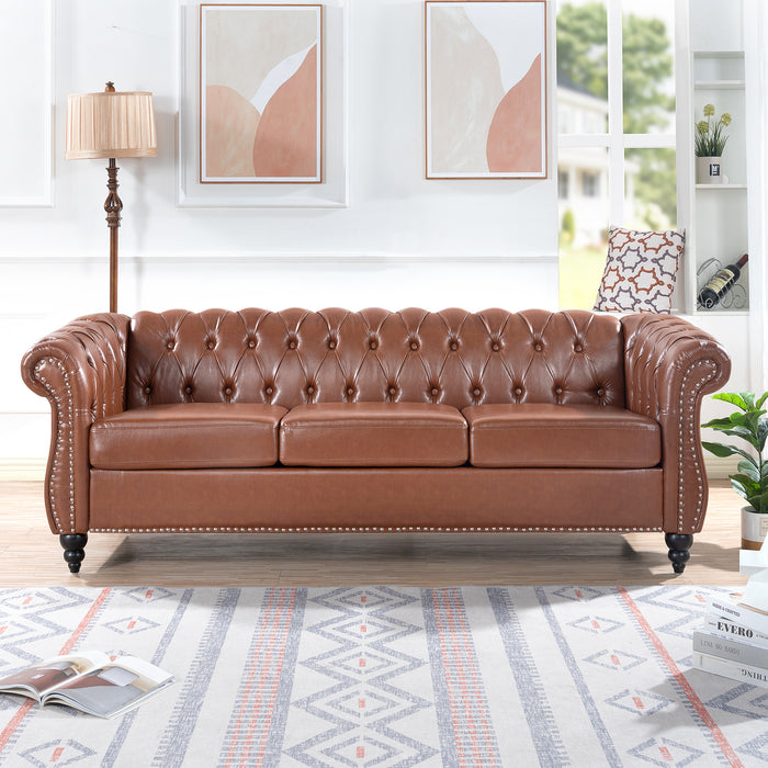 Rolled Arm Chesterfield 3 Seater Sofa - Brown