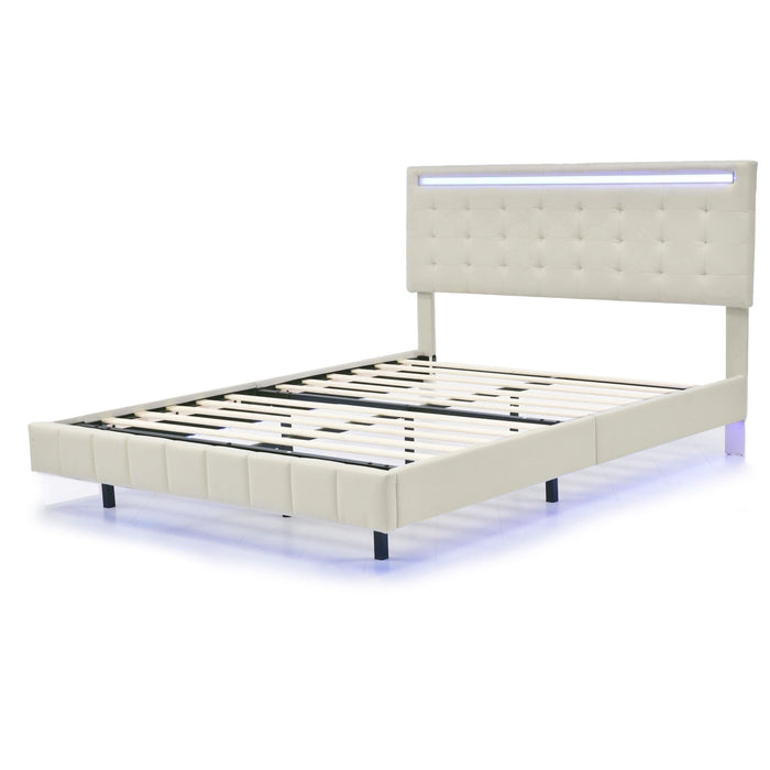 Queen Size Modern Upholstered Platform Floating Bed Frame with LED Lights and USB Charging - Beige