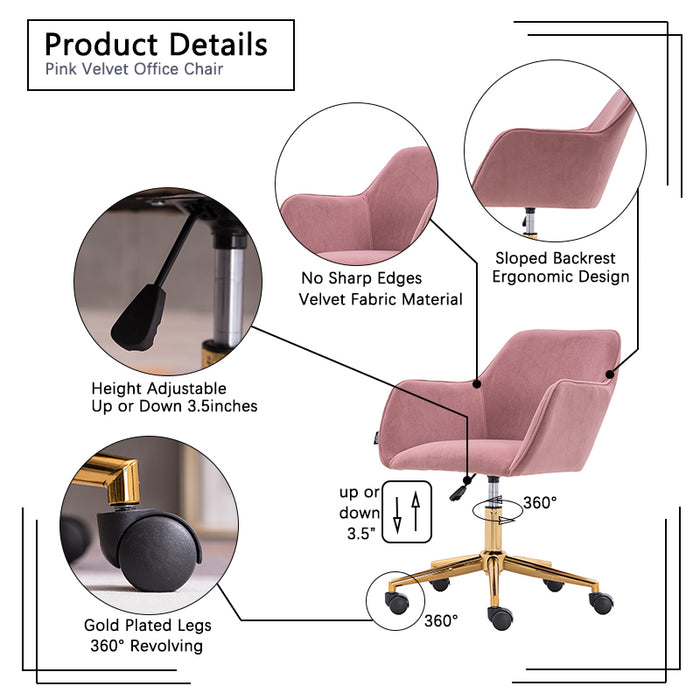 Modern Velvet Home Office Chair - Pink