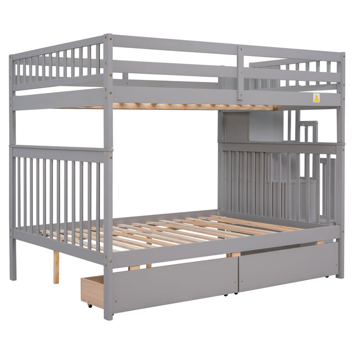 Full Over Full Bunk Bed with 2 Drawers and Staircases - Grey