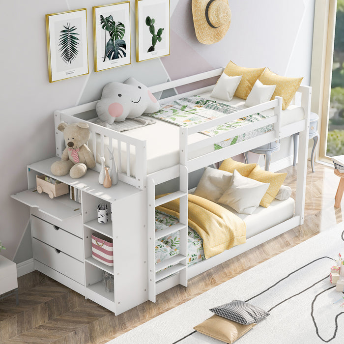 Twin over Twin Bunk Bed with Attached Cabinet and Shelves Storage - White