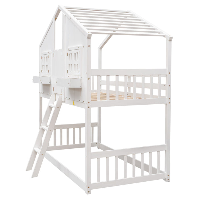 Twin over Twin House Bunk Bed with Roof , Windows - White