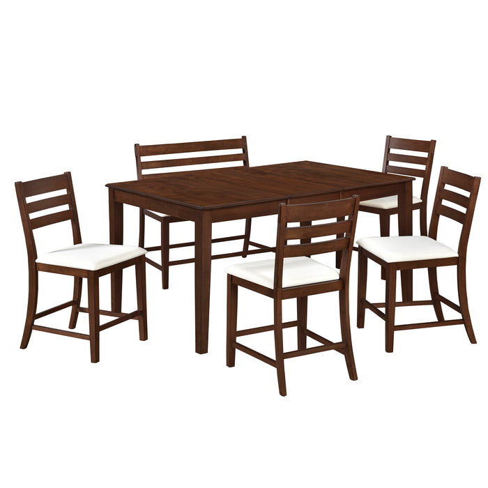 6-Piece Farmhouse Extendable Counter Height Dining Table Set - Brown Walnut + Beige