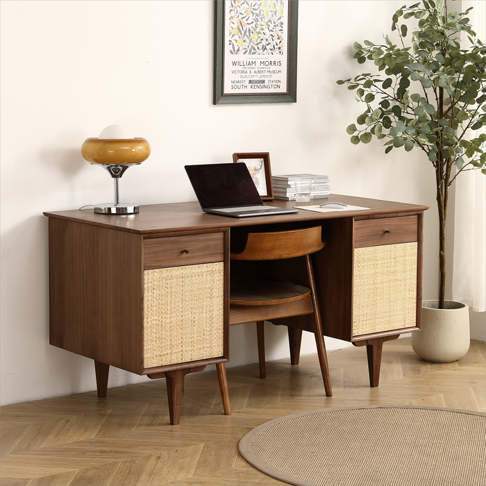 Black Walnut Desk with Rattan Net - Large Home Office Workstation with Storage