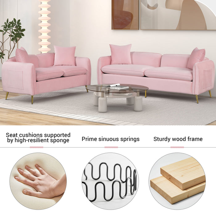 2 Piece Velvet Upholstered Sofa Sets, Pink