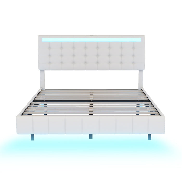 Queen Size Modern Upholstered Platform LED Bed with LED Lights and USB Charging - White