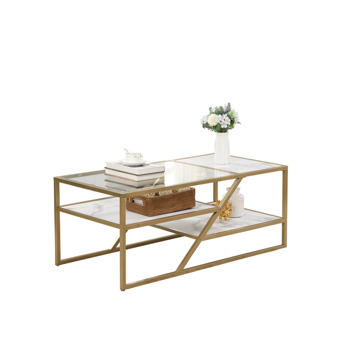 Golden Coffee Table with Storage Shelf - Tempered Glass