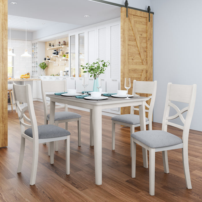 5-Piece Farmhouse Rustic Wood Kitchen Dining Table Set - Light Grey + White