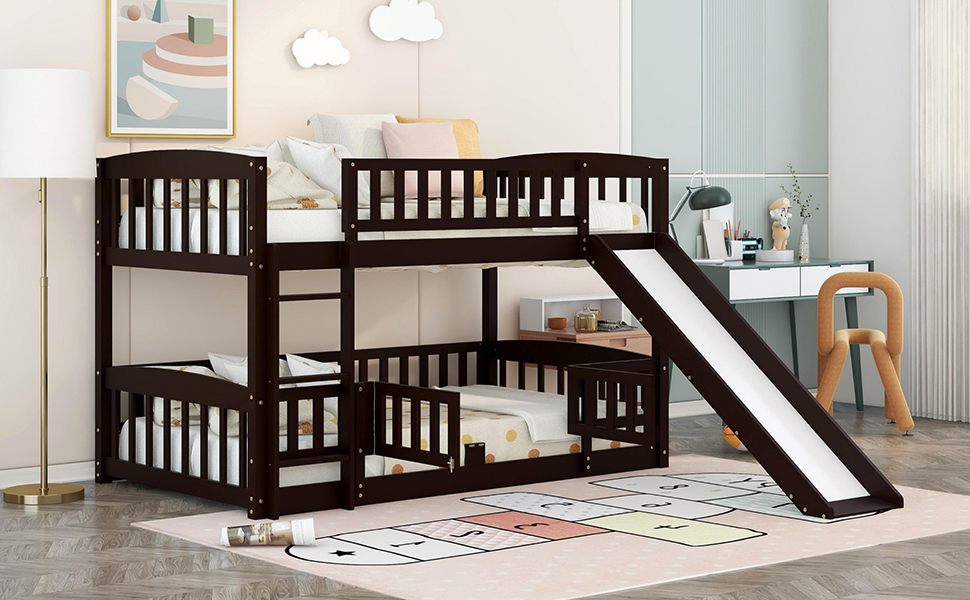 Bunk Bed with Slide,Twin Over Twin - Espresso