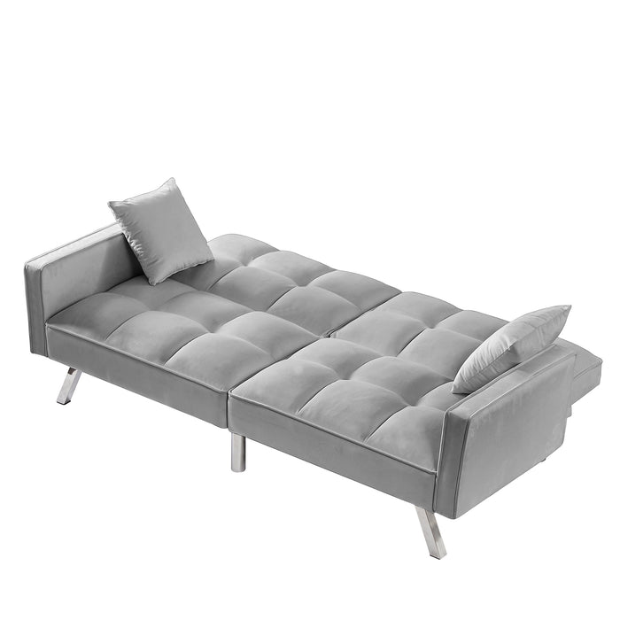 Modern Velvet Sofa  Bed with Armrests and 2 Pillows - Light Grey