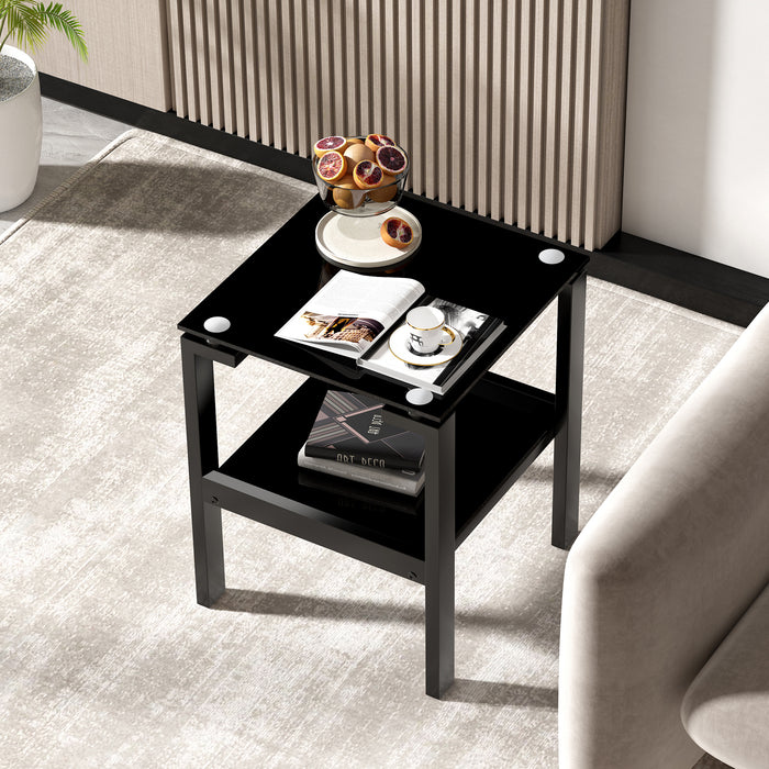 Modern Black Glass Clear Side  2-Tier Space End Table - Black