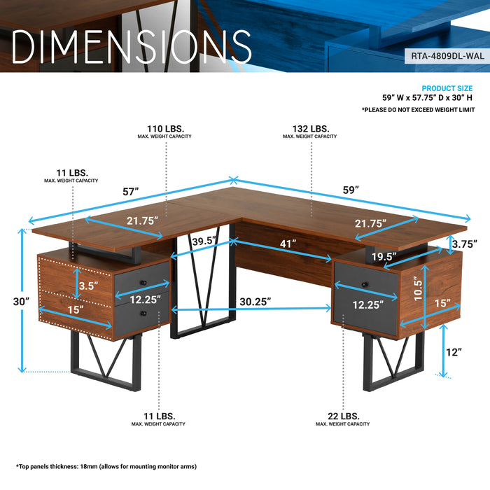 Reversible L-Shape Computer Desk with Drawers and File Cabinet, Walnut