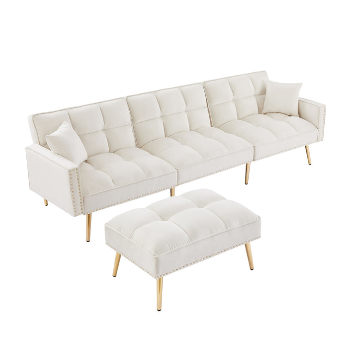 Velvet Upholstered Reversible Sectional Sofa Bed , L-Shaped Couch with Movable Ottoman - cream white