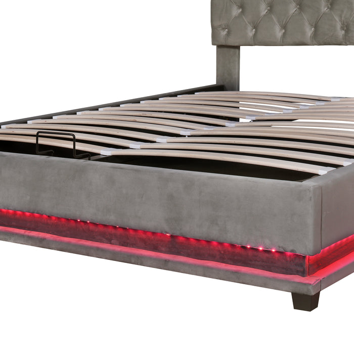 Queen Size Storage Upholstered Platform Bed with Adjustable Tufted Headboard and LED Light - Gray