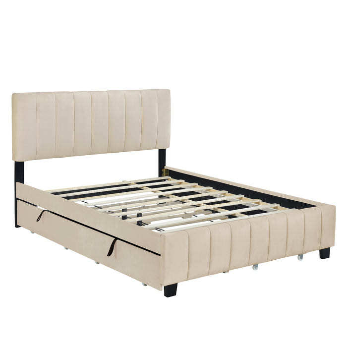 Queen Size Velvet Upholstered Platform Bed with 2 Drawers and Trundle- Beige