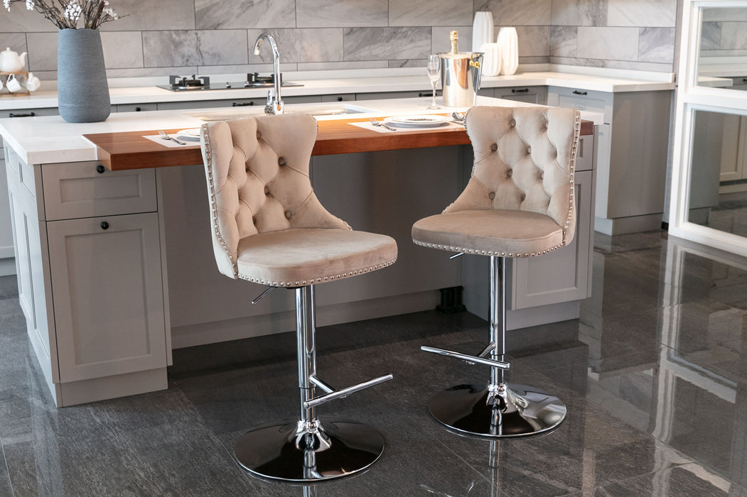 Swivel Velvet Barstools Khaki (Set of 2）