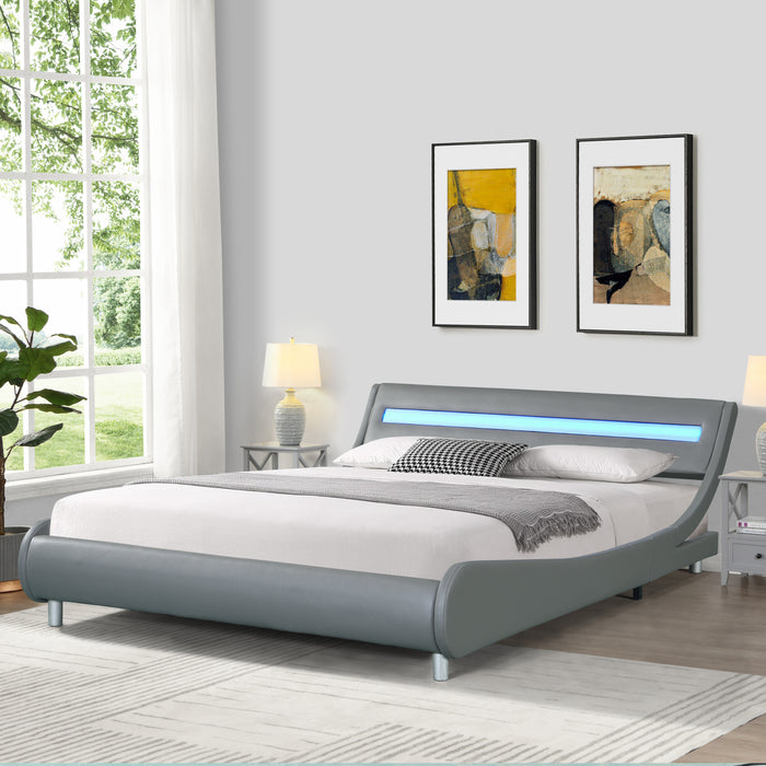 Queen Size Faux Leather Upholstered Platform Bed Frame with led lighting - Gray