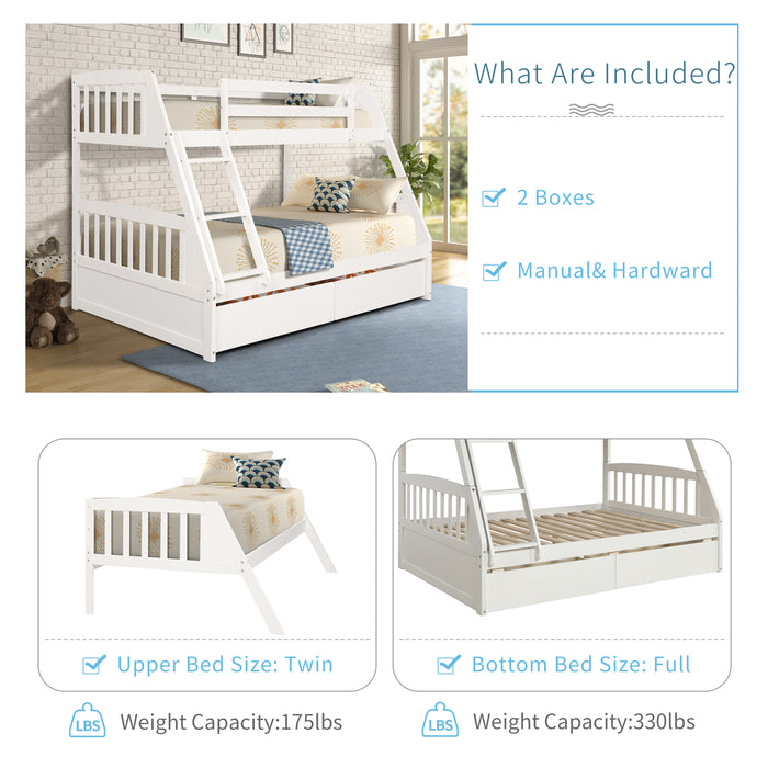 Solid Wood Twin Over Full Bunk Bed with Two Storage Drawers - White