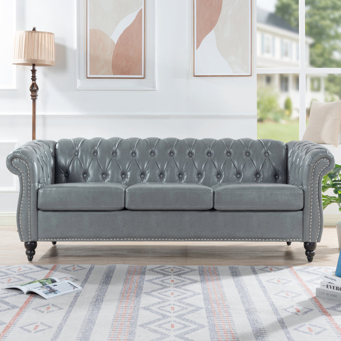 Rolled Arm Chesterfield 3 Seater Sofa - Gray