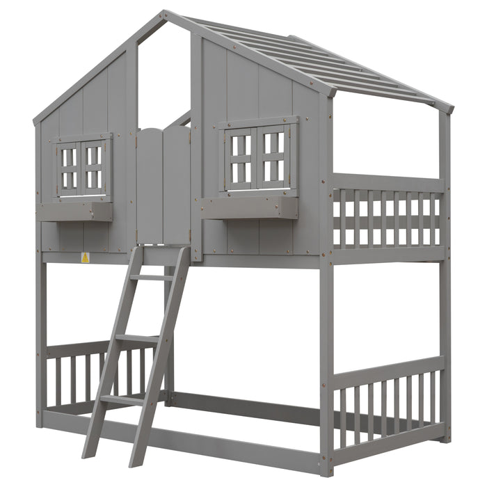 Twin over Twin House Bunk Bed with Roof & Windows - Grey