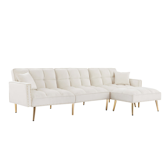 Velvet Upholstered Reversible Sectional Sofa Bed , L-Shaped Couch with Movable Ottoman - cream white