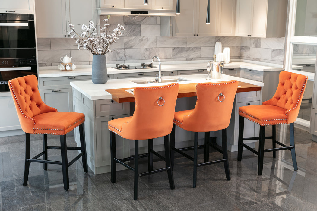 Contemporary Velvet Upholstered Barstools, Set of 2 (Orange)