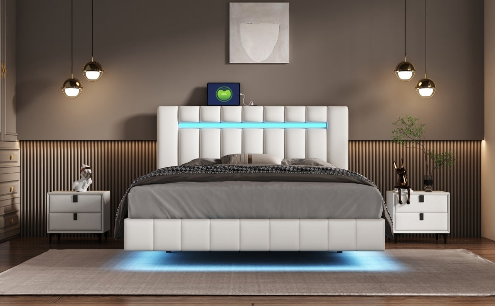 Queen Size Modern Upholstered Platform LED Bed with LED Lights and USB Charging - White