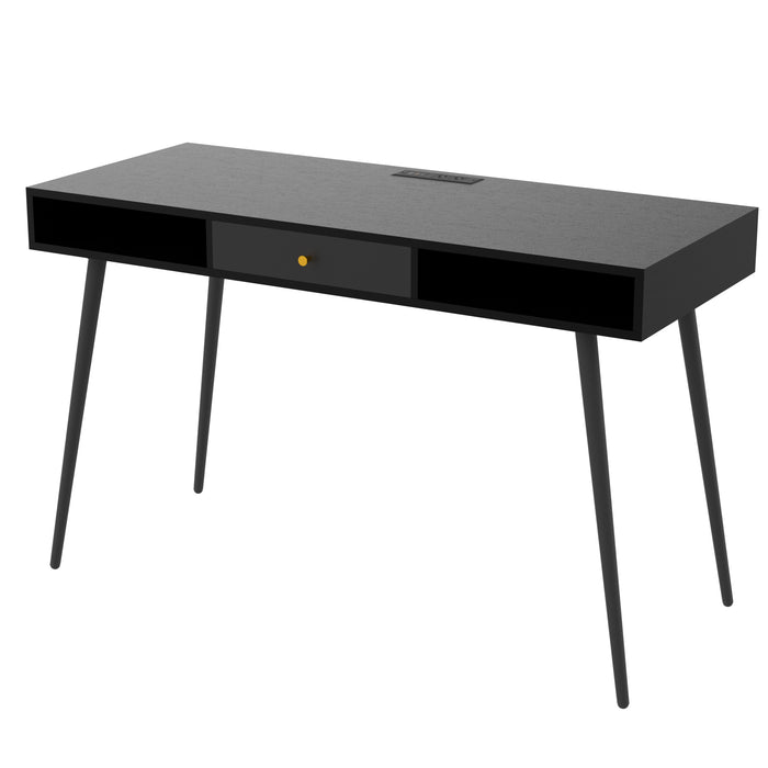 Mid Century Desk with USB Ports and Power Outlet - Black