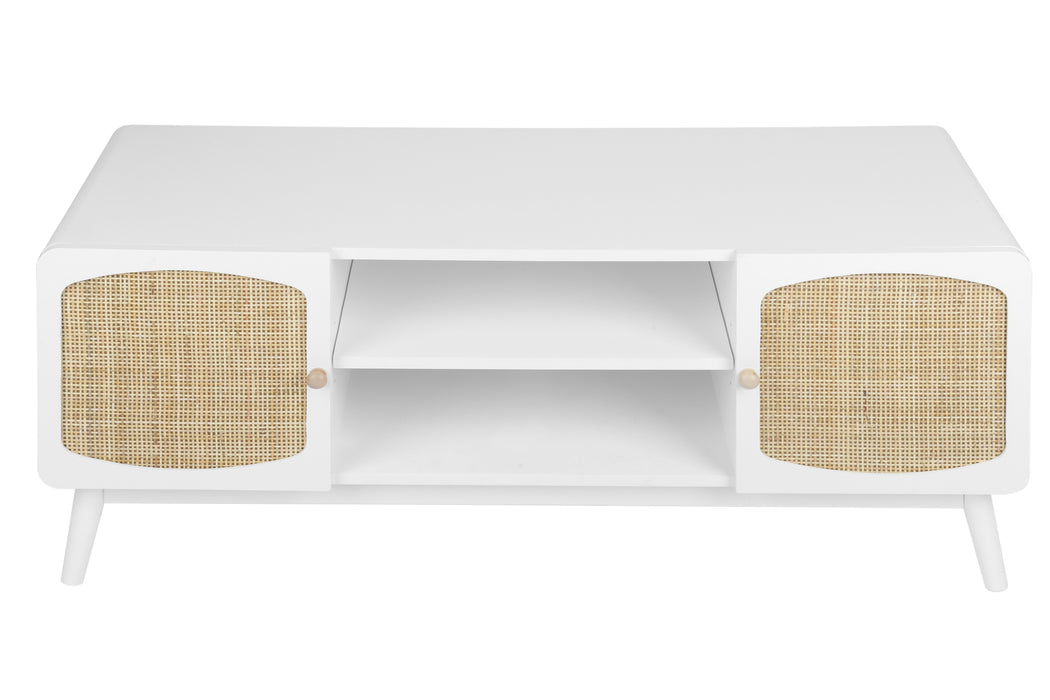 White TV Console with Rattan Door