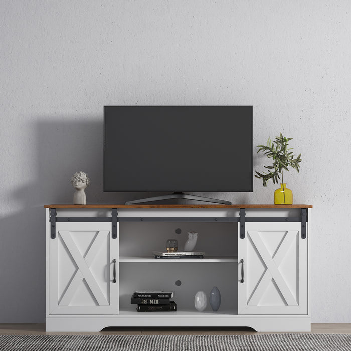 TV Stand Sliding Barn Door Modern & Farmhouse Wood Entertainment Center, upto 65" - Distressed White&Rustic