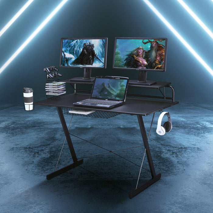 Sport TS-200 Carbon Computer Gaming Desk with Shelving, Black