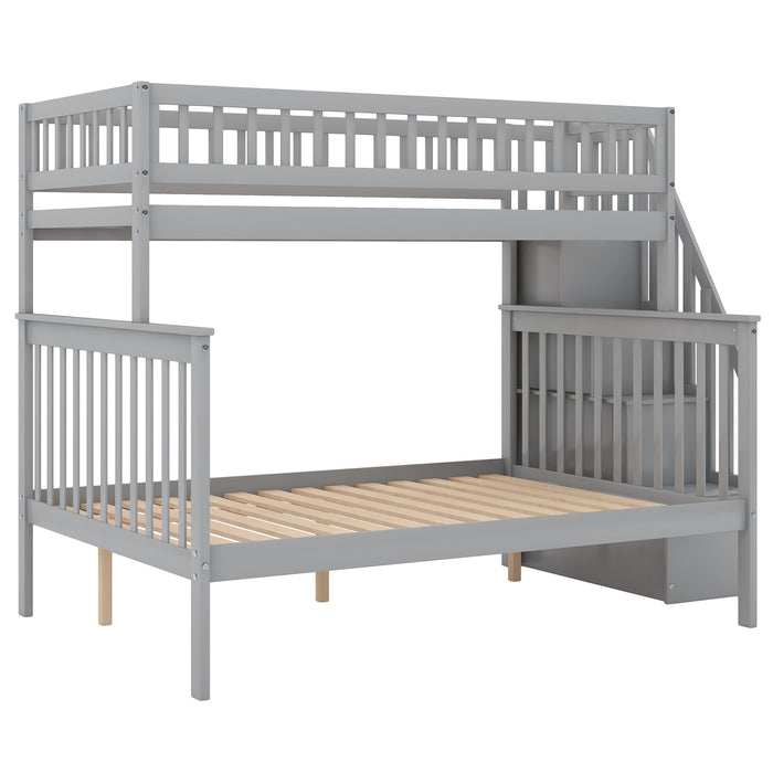 Twin over Full Stairway Bunk Bed with Storage - Gray