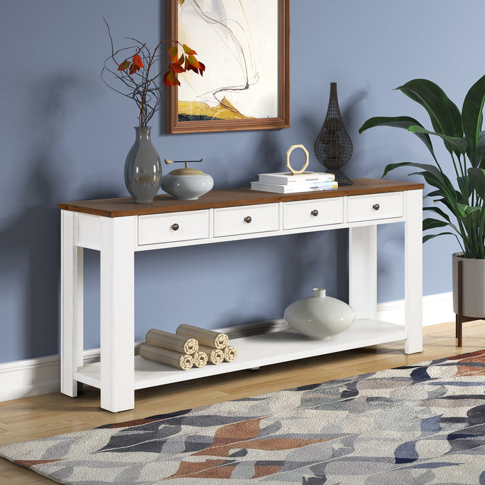 Pine Wood Console Table - Antique White+ Brown Top