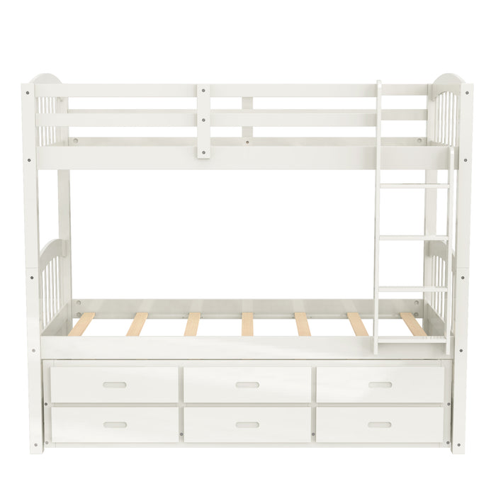 Twin over Twin Wood Bunk Bed with Trundle and Drawers - White