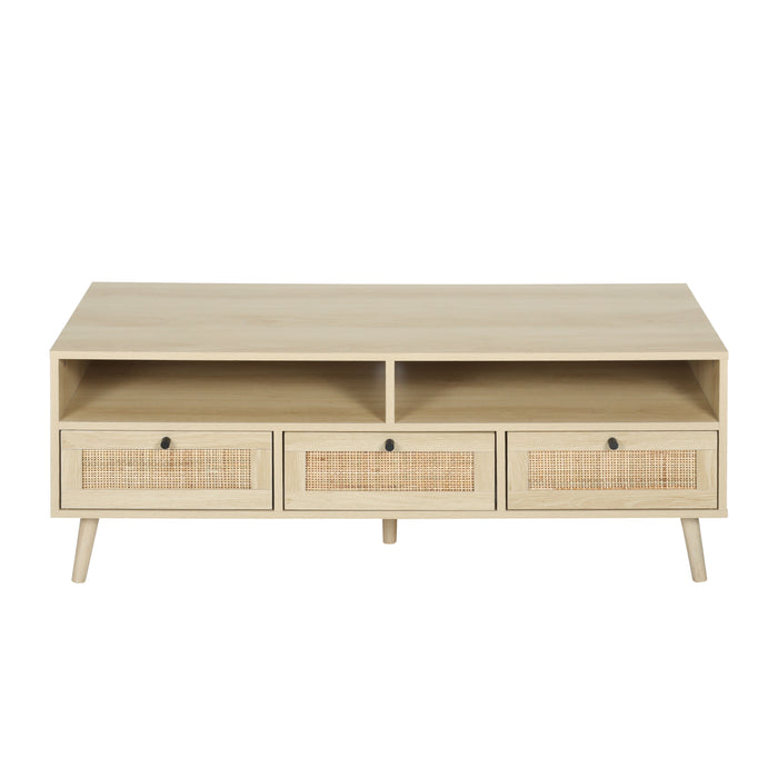 Rattan TV Stand with Solid Wood Feet - Natural