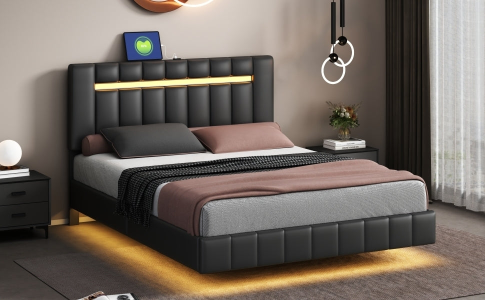 Queen Size Modern Upholstered Platform LED Bed  with LED Lights and USB Charging - Black