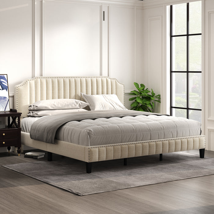 Modern Linen Curved Upholstered Platform Bed (King)