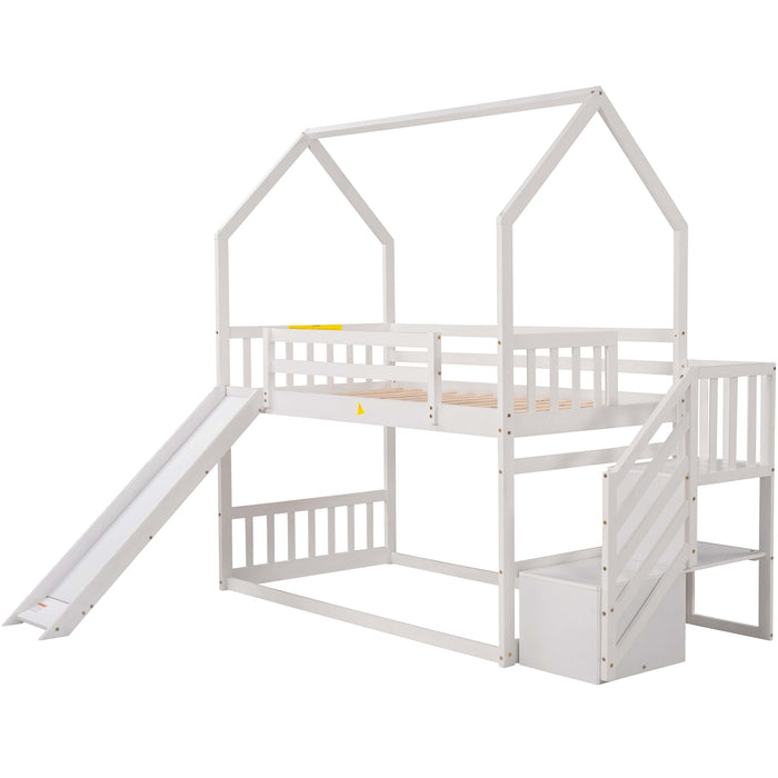 Twin over Twin House Bunk Bed with Convertible Slide, Storage Staircase -White