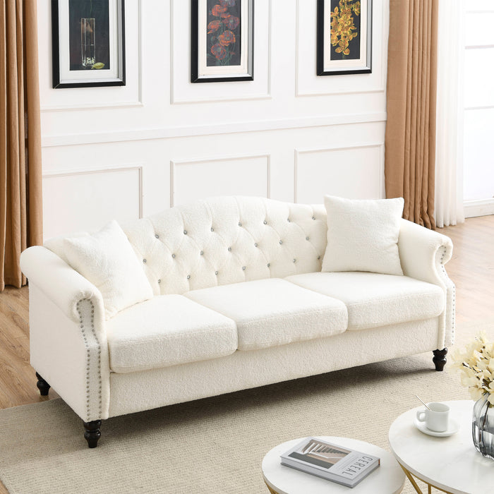 3+1 Combination of Chesterfield sofa and chair, teddy white, two pillows