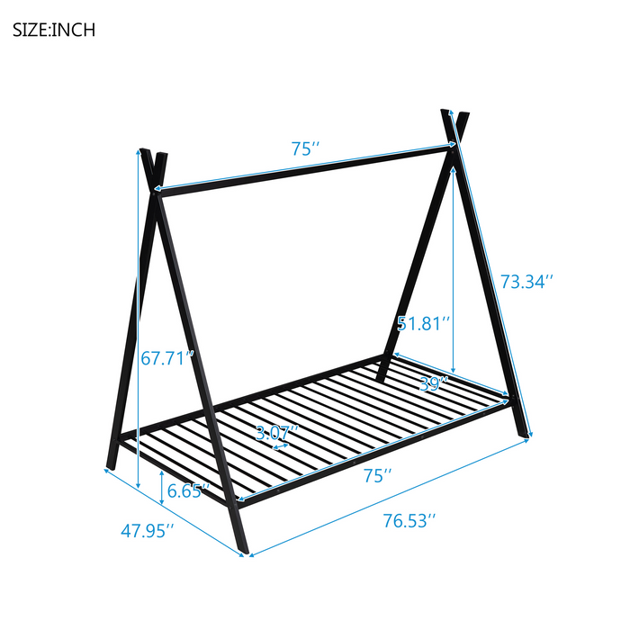 Tent Bed Frame Twin Size, Metal Floor, No Box Spring Needed Black