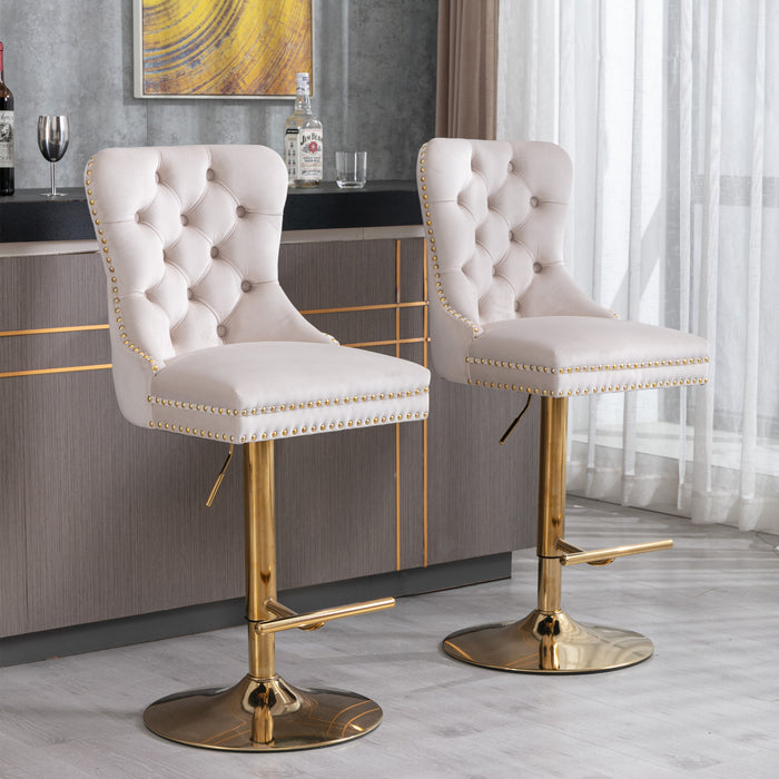 Modern Upholstered Velvet Bar Stools with Tufted Backs - Beige Set of 2