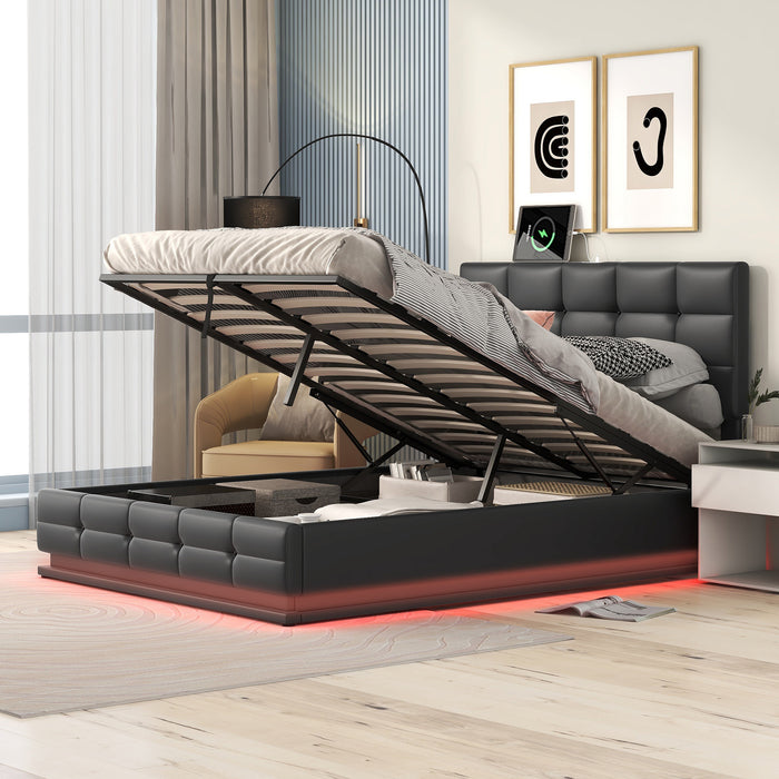 Full Size Tufted Upholstered Platform Bed with Hydraulic Storage and LED Lights and USB charger - Black